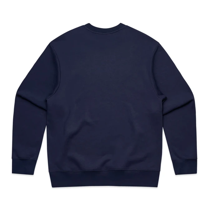 A navy blue jumper featuring long sleeves and a crew neck, with a plain back and a logo.