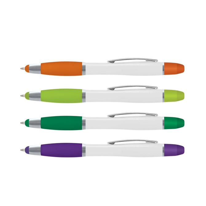 A set of multi-function plastic pens in orange, green, purple, and dark green, featuring a white body and a clip.
