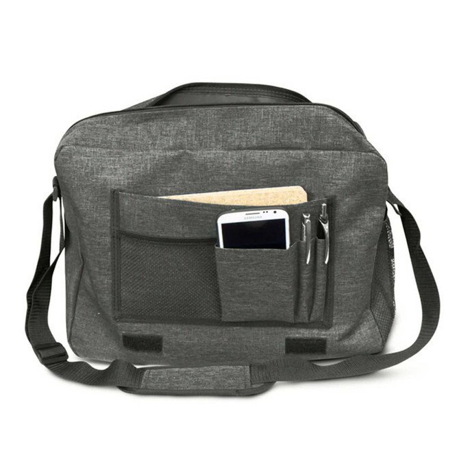 A grey messenger bag featuring multiple compartments, including pockets for a phone and pens. It has a sleek design and shoulder strap.
