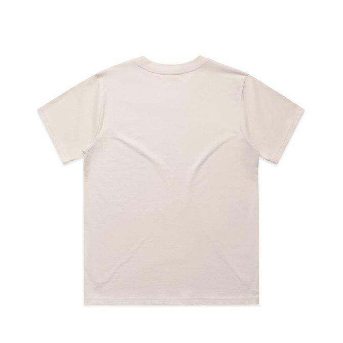 A plain beige t-shirt displayed from the back, featuring a simple design and a label on the inside.
