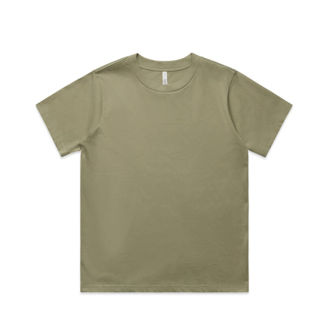 A khaki green T-shirt with a classic crew neckline. It features a label inside the neckline and has no visible graphics.