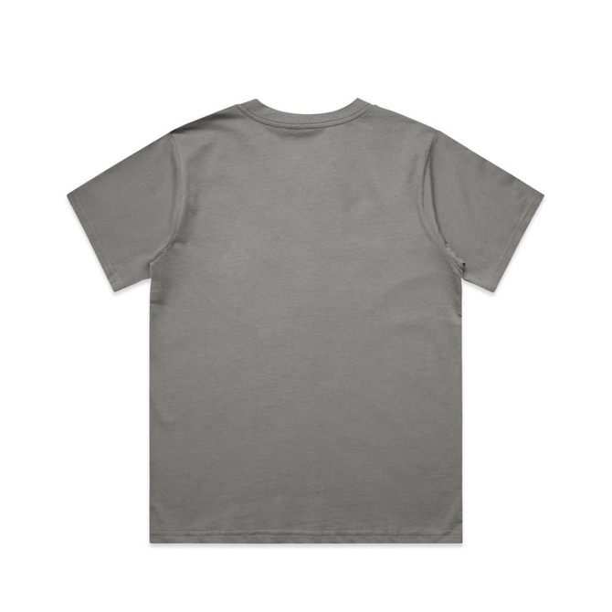 A grey t-shirt featuring a plain back design and a standard fit. It has a logo on the neckline.