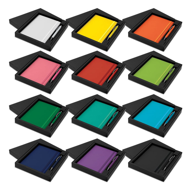 A gift set featuring Omega notebooks and pens in various colours, presented in stylish black boxes.