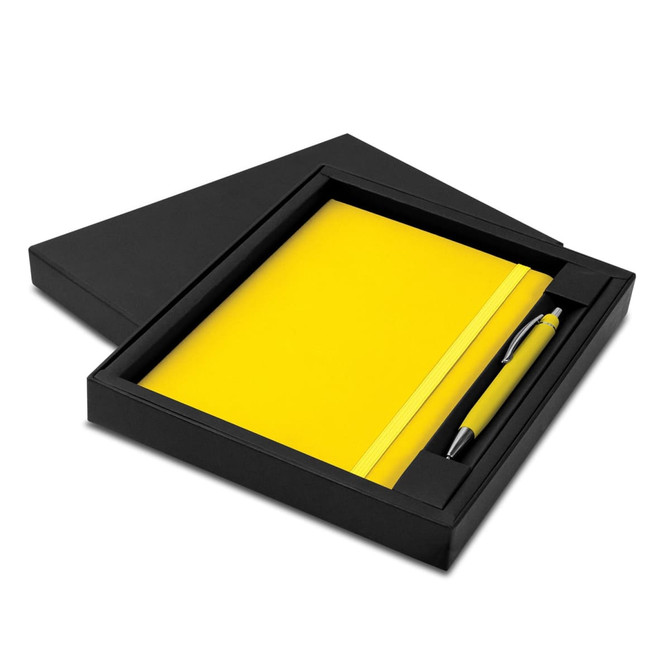 A yellow notebook and pen set presented in a black gift box. The set includes a matching yellow pen.
