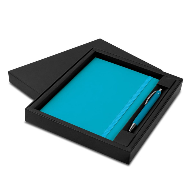 A teal notebook and pen set displayed in a black gift box, featuring a simple design and a logo.