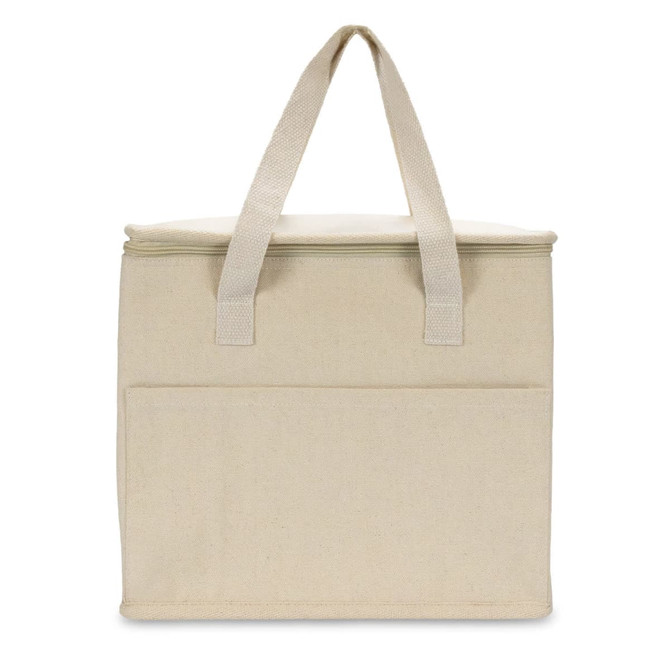 A cream cooler bag with two handles and a front pocket, featuring a simple design and a logo.