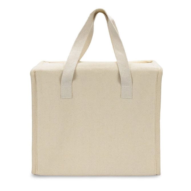 A beige cooler bag with sturdy handles and a simple design, featuring a logo on one side.