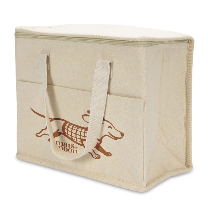 A cream cooler bag with a rectangular shape, featuring handles and a logo of a dog on the front.