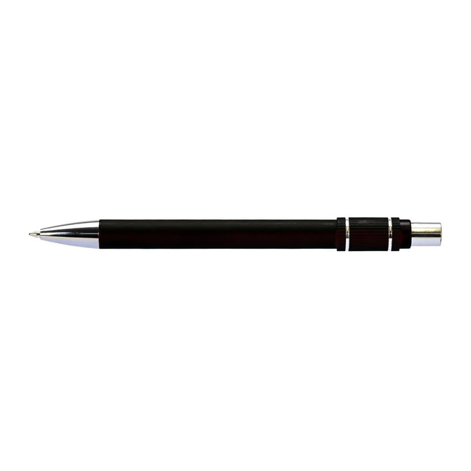 A metal pen in black with chrome accents, featuring a sleek design and branding.