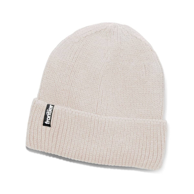 A light grey beanie with a folded cuff and a small logo tag. Ideal for winter wear.