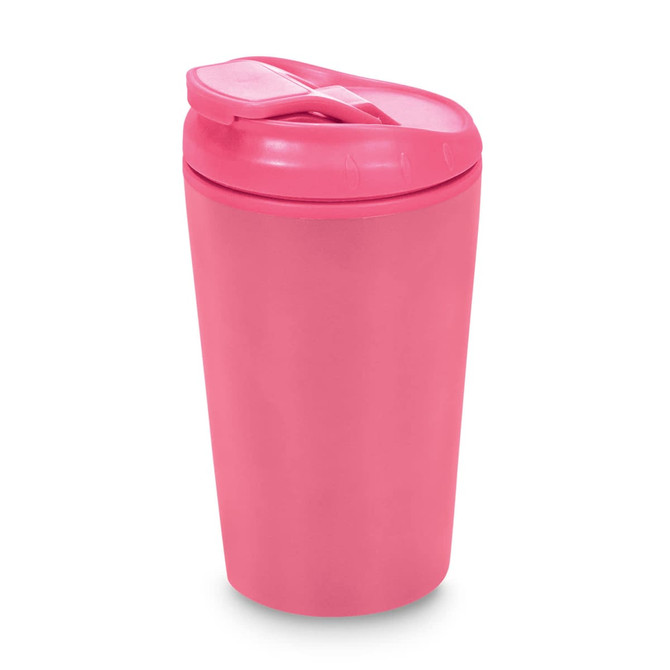 A reusable coffee cup in vibrant pink, featuring a lid and curved design, ideal for drinks on the go.
