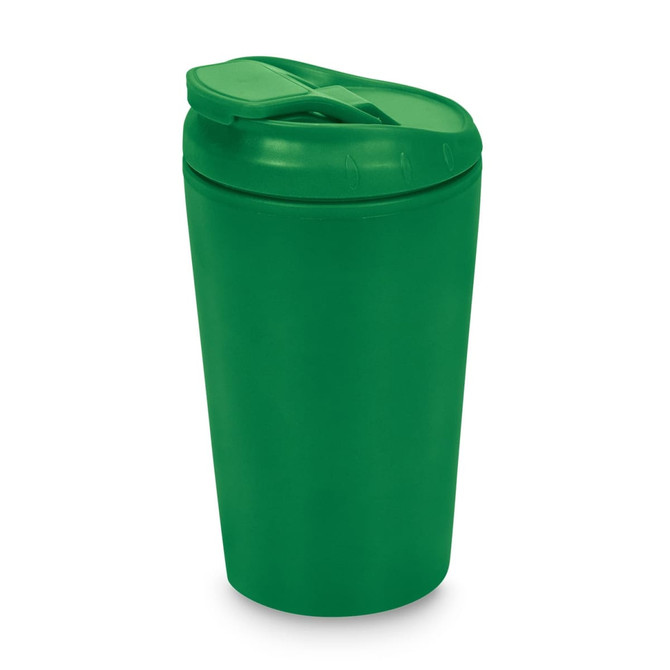 A green reusable coffee cup with a lid and a slightly tapered design. It has a logo visible on its surface.