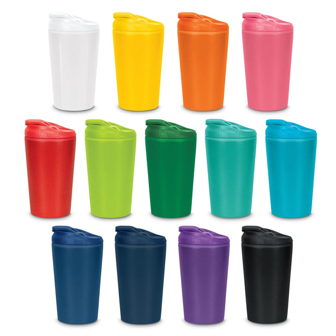 A collection of Corsica Coffee Cups in various colours: white, yellow, orange, pink, green, blue, purple, and black.