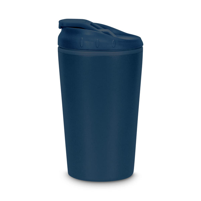 A navy blue Corsica coffee cup with a secure lid and a streamlined design. It features a logo on the surface.