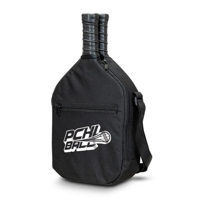 A black pickleball bag with a zippered pocket and two handles for paddles, featuring a logo on the front.