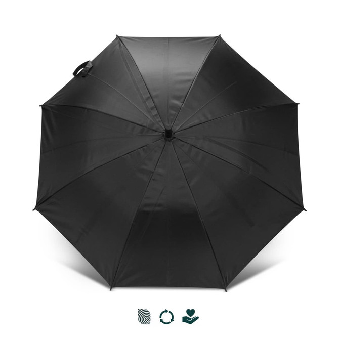 A black umbrella with a sleek design and a handle, featuring a logo on the fabric.