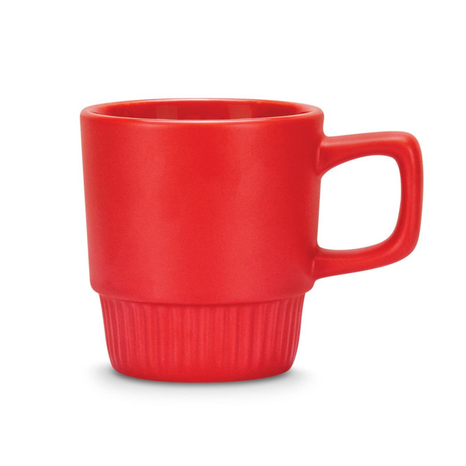 A red stackable coffee mug with a textured base and a comfortable handle. It features a logo.
