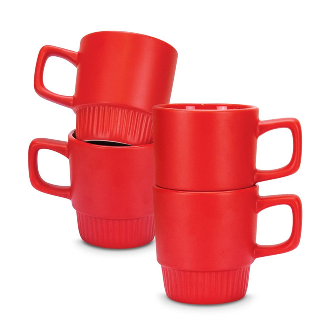 A stack of four red stackable coffee mugs featuring a ribbed design and sturdy handles.