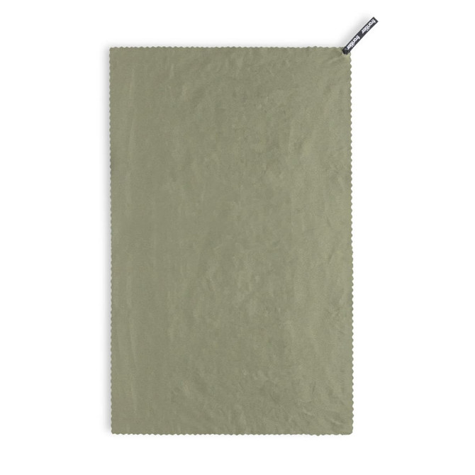 A lightweight, olive green cooling towel with a textured surface and a branded tag at the top.