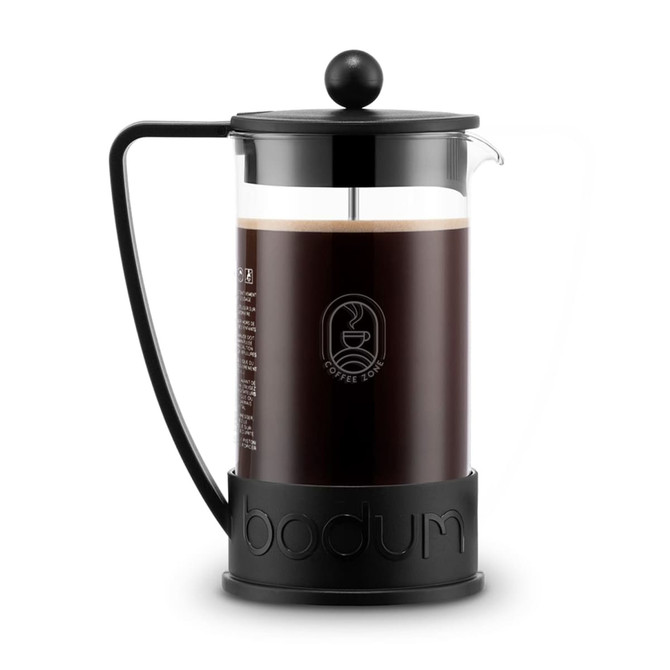 A French press coffee maker in black, featuring a transparent glass body and a black handle and base.