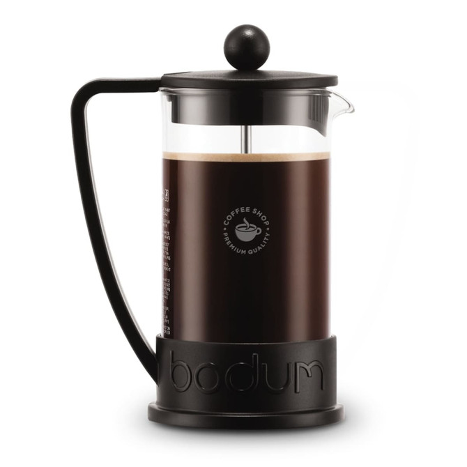 A French press coffee maker in black, with a glass body and a branded base, ideal for brewing coffee.