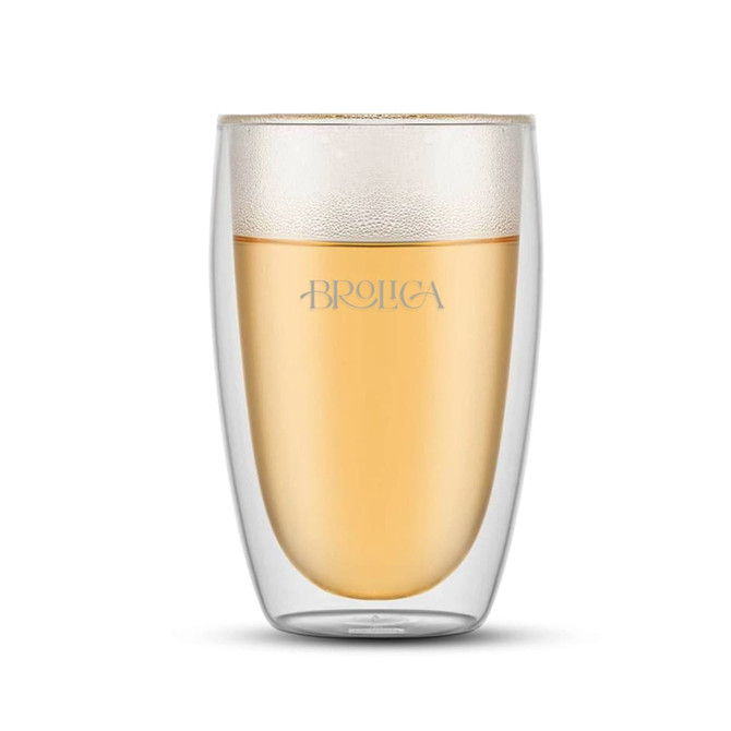 A double wall glass in clear featuring a golden drink inside, with a logo positioned on the side.