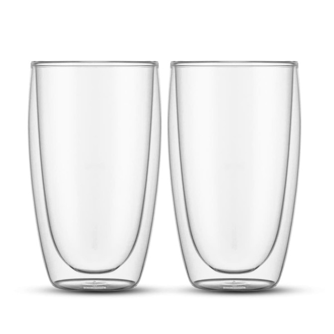 A set of two large, clear double wall glasses with a sleek design. Ideal for various drinks.