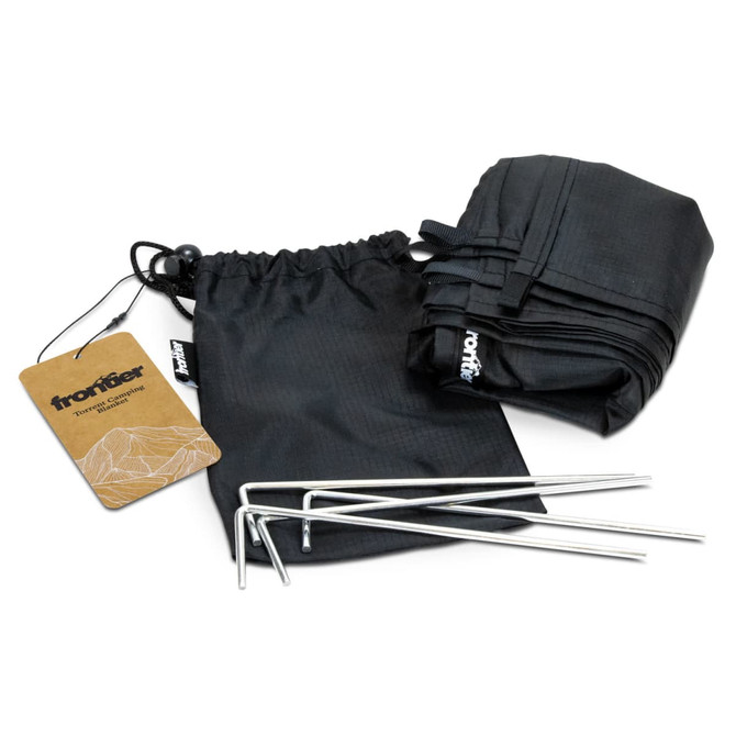 A black camping blanket and pouch with three silver stakes included. The pouch has a branding logo.