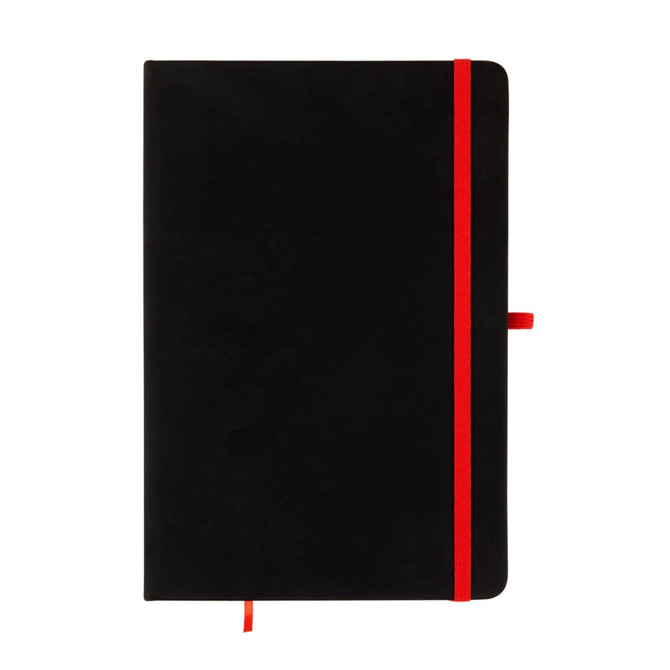 A Venture Supreme A5 Notebook with a sleek black cover and a vibrant red elastic band closure.