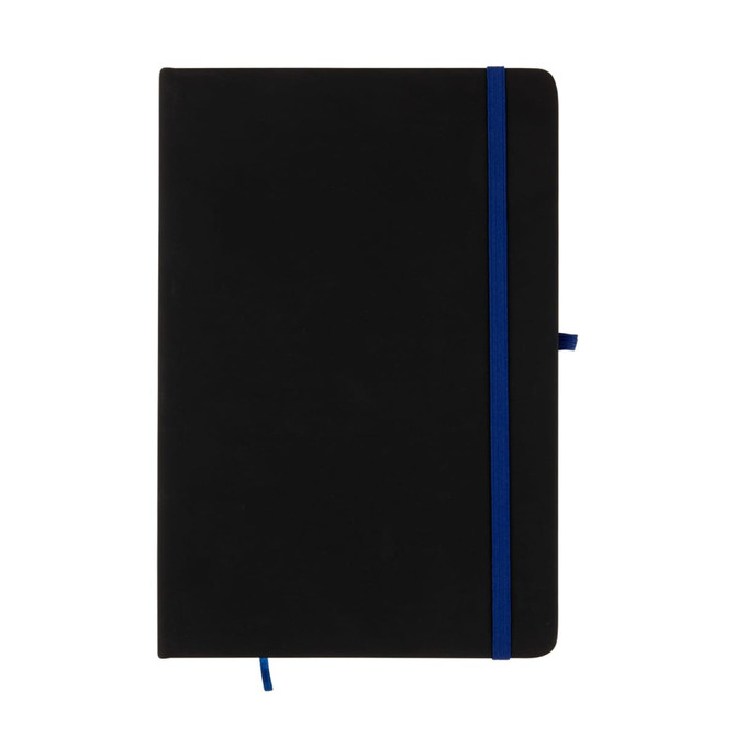 A black A5 notebook with a blue elastic band and bookmark, featuring a minimalist design and a logo.