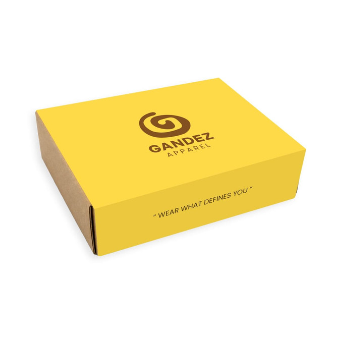 A yellow box with a brown logo, labelled "Gandez Apparel," featuring a motivational quote on the side.