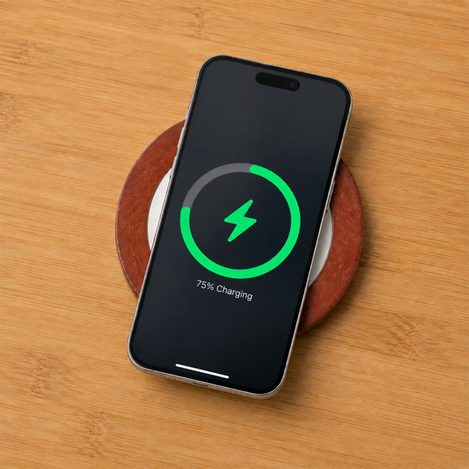 A wireless charger with a wooden base and a smartphone displaying a charging indicator.