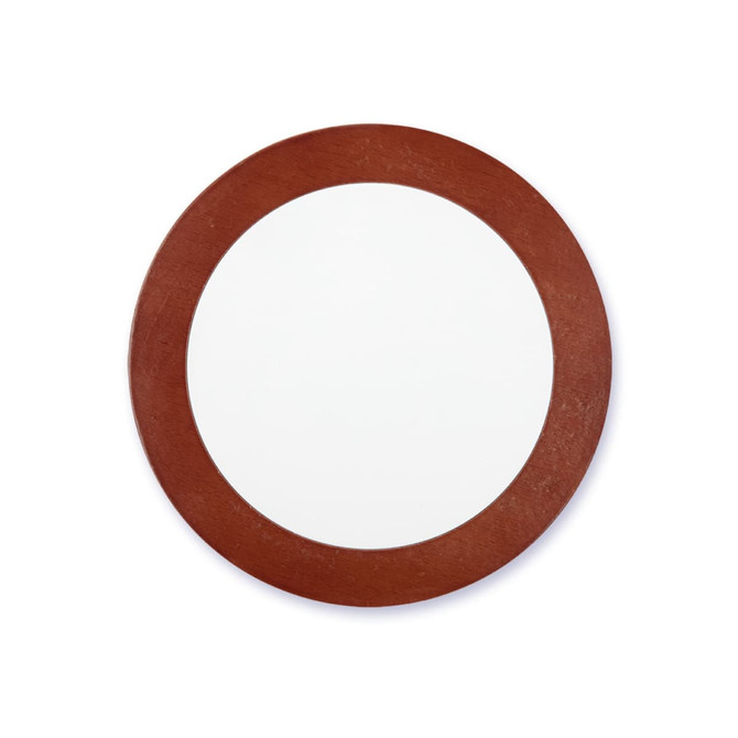 A round mirror with a wooden, brown frame and a smooth, reflective surface.
