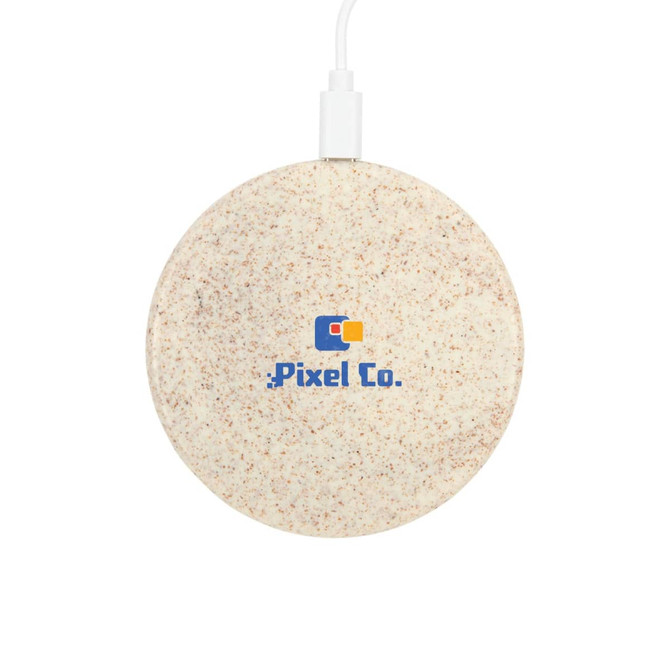 A round, eco-friendly wireless charger in a speckled light colour, featuring a logo on the surface.