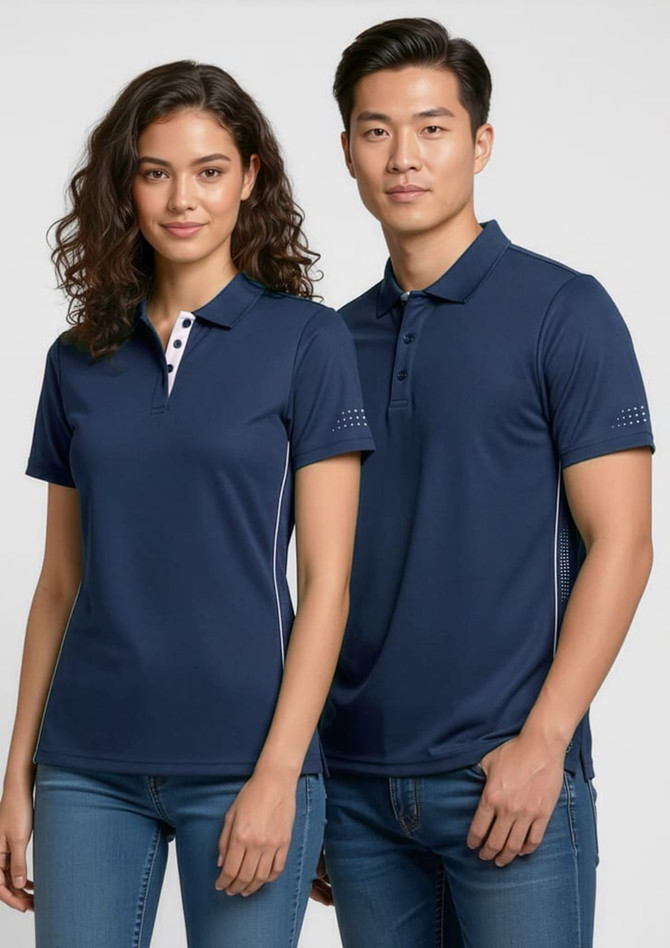 A navy blue short sleeve polo shirt for men featuring a logo and a stylish design.