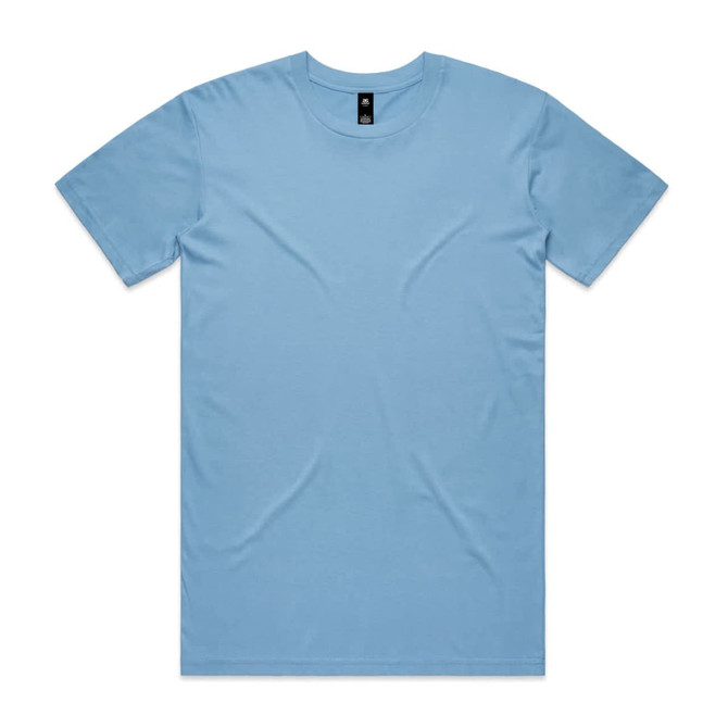 A plain light blue T-shirt with a crew neck and short sleeves, featuring a logo on the label.