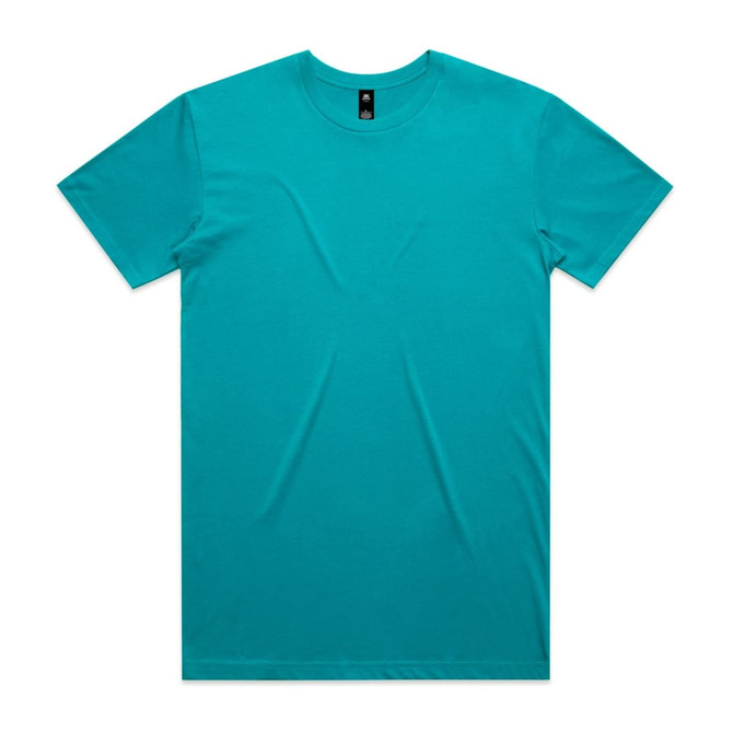 A teal T-shirt featuring a logo on the neckline, presented flat on a white background.