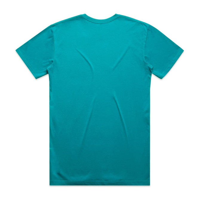 A turquoise T-shirt with a simple design, featuring a logo on the back.