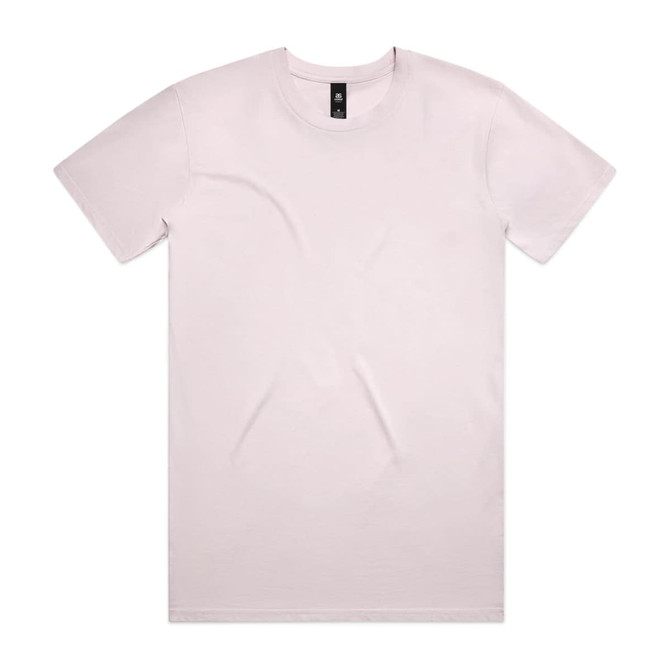 A plain light pink t-shirt with short sleeves and a round neckline, featuring a brand logo on the tag.
