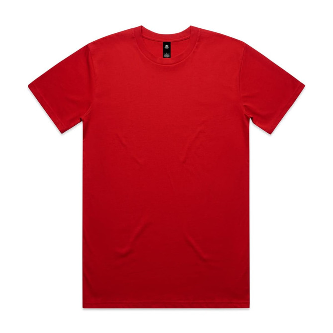A red t-shirt with a round neck, short sleeves, and a label inside the collar. The shirt has a plain design.