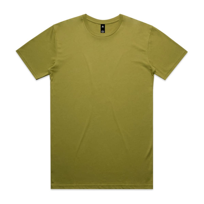 An olive green t-shirt with a round neck and short sleeves, featuring a logo on the label.