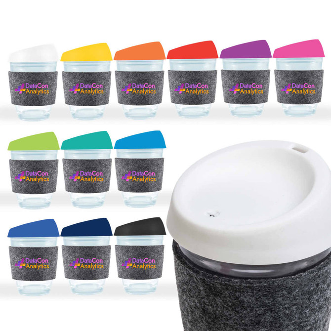 A reusable coffee cup with a silicone lid and RPET band in various colors. Each cup features a branded logo.