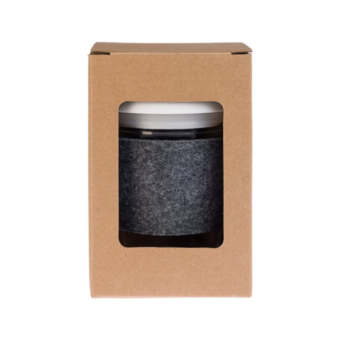 A reusable black coffee cup with a snap lid and RPET band, displayed in a cardboard box.