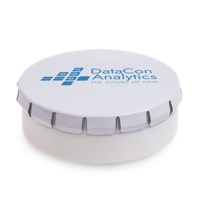 A mint tin featuring a white lid with the logo of DataCon Analytics and the text "THE FUTURE OF DATA."