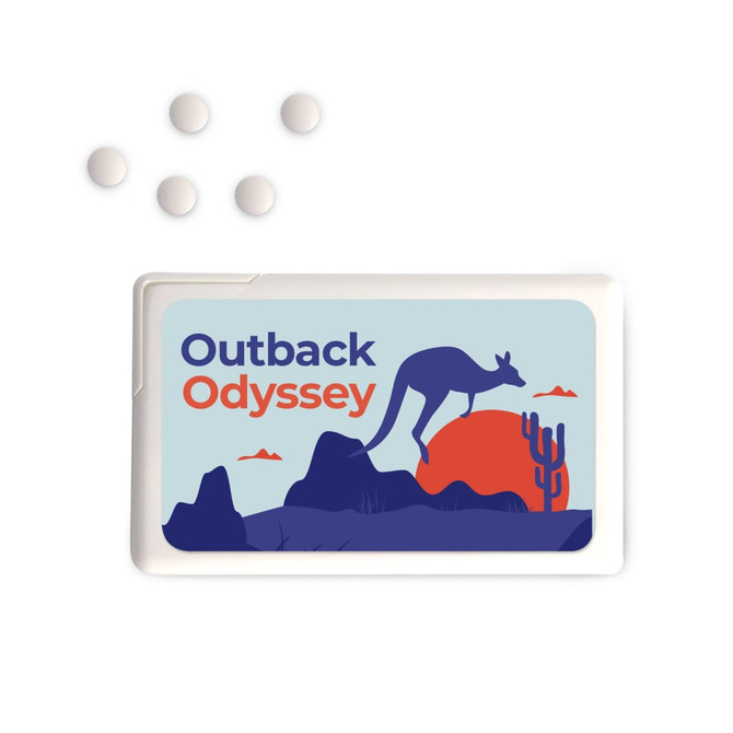 A rectangular container of sugar-free breath mints featuring a kangaroo design, accompanied by several mints.