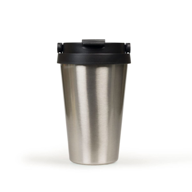 A drink bottle with a stainless steel body and a black lid, featuring a logo on the front.