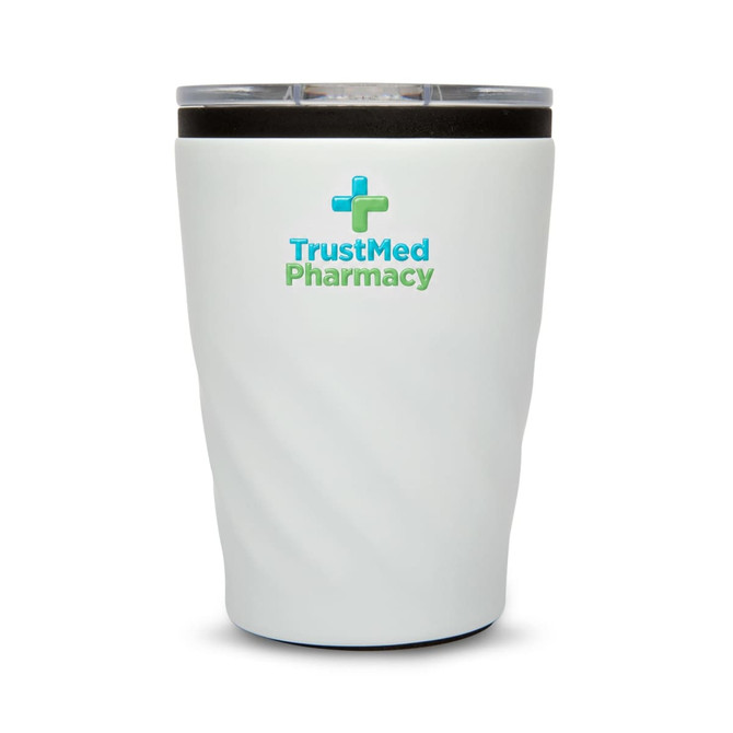 A reusable coffee cup in white with a textured design and a transparent lid, featuring a logo.