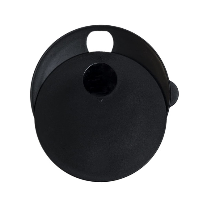 A black reusable coffee cup with a lid and a handle, featuring a logo.