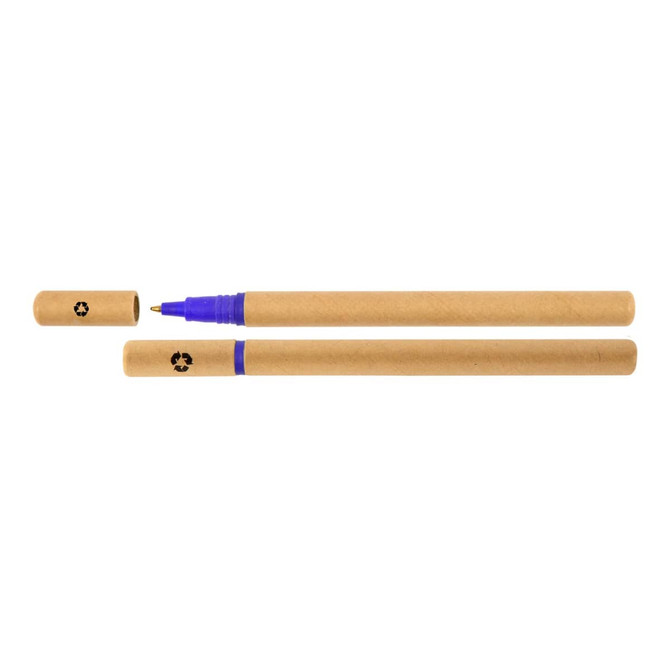A cardboard pen with a blue tip and cap, featuring a logo on the side, made from recyclable materials.