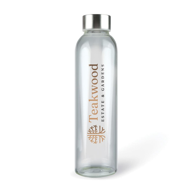 A drink bottle made of clear glass with a silver metal lid and a logo on the side.
